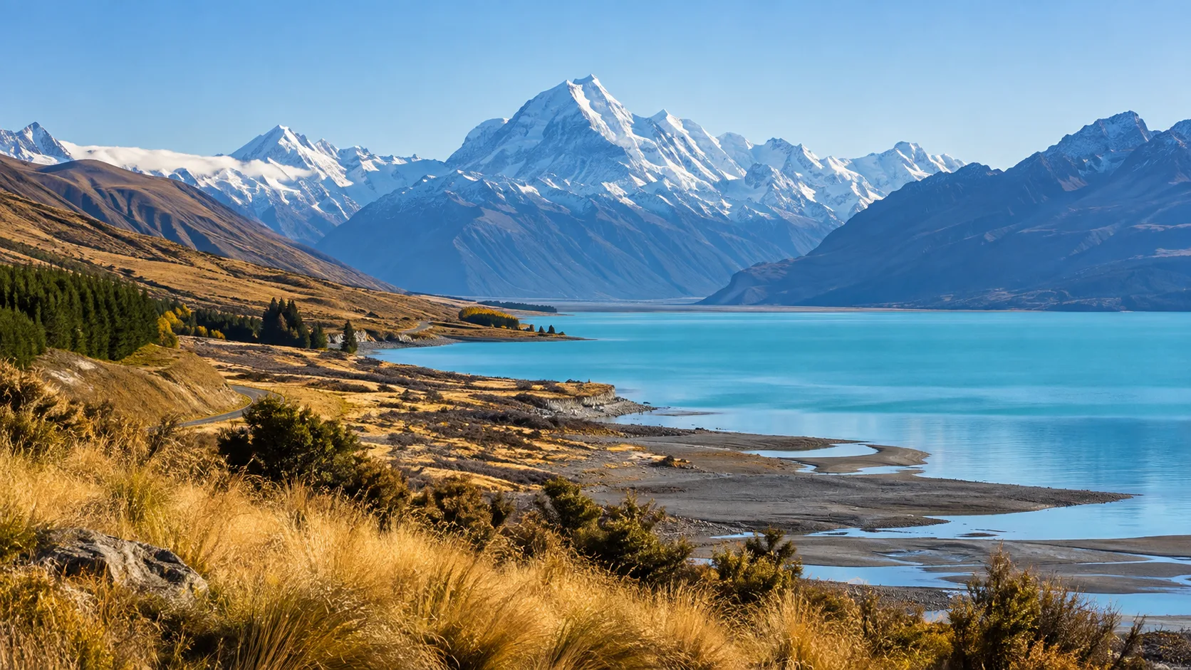 Aoraki Mount Cook above turquoise Lake Pukaki and golden tussock