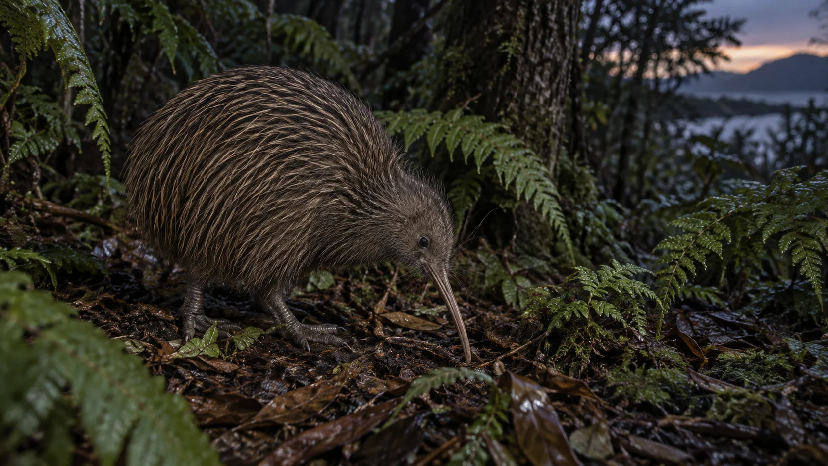 Brown kiwi foraging among wet ferns on a New Zealand forest floor