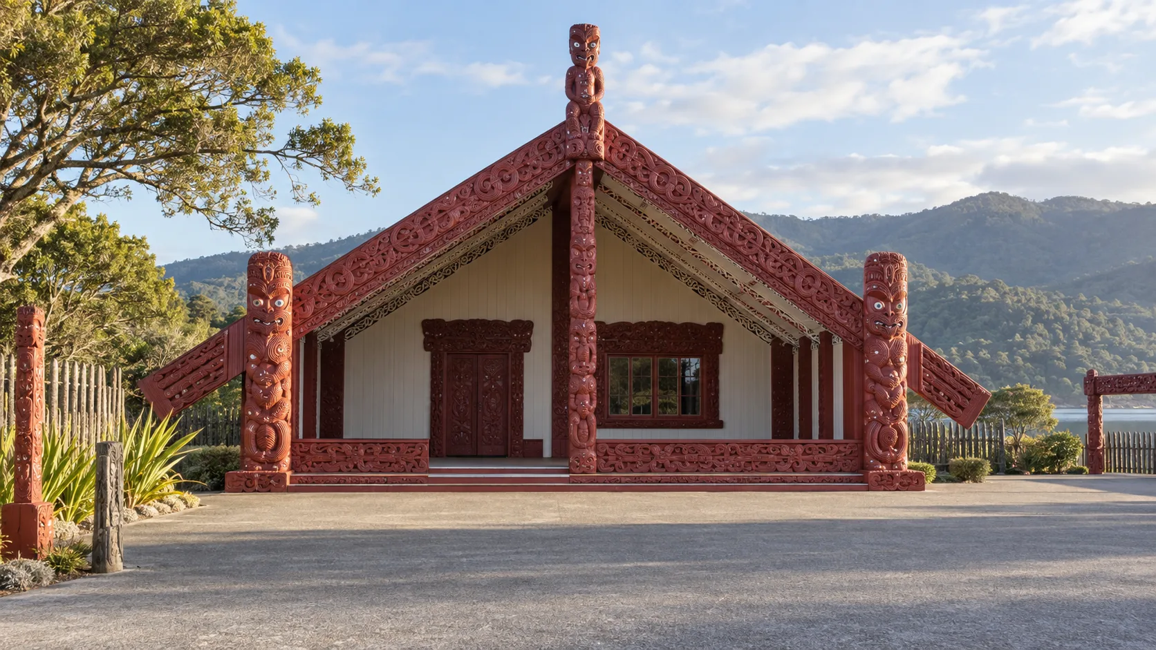 Carved red Māori wharenui facing a peaceful marae courtyard