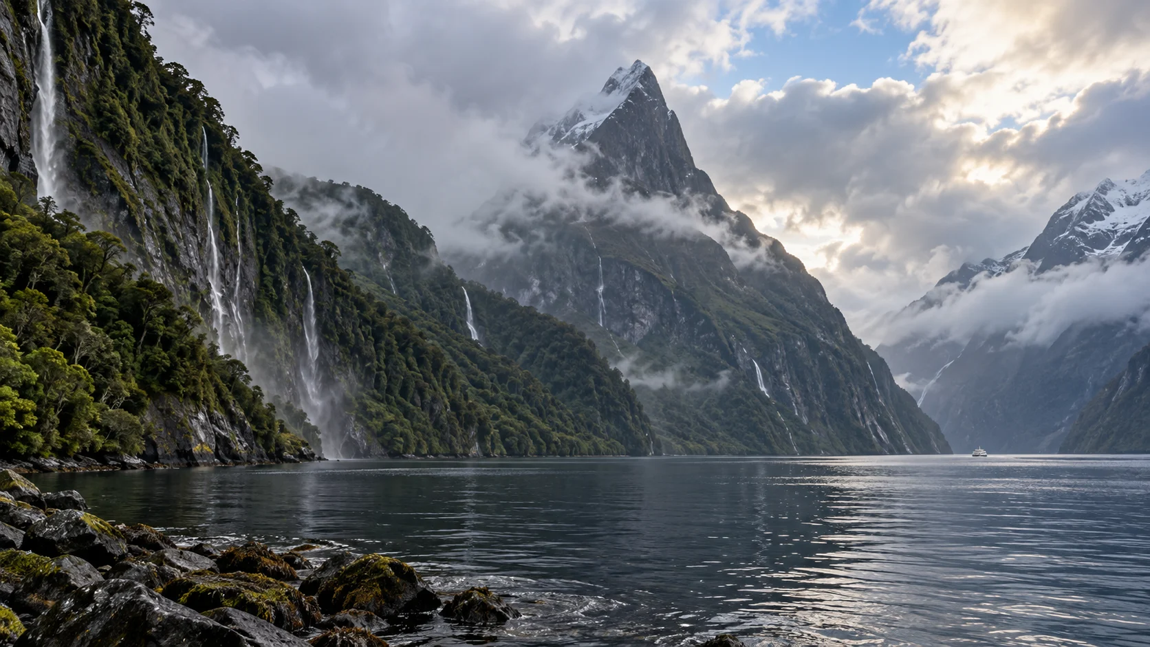 Mitre Peak and waterfalls rising above Milford Sound after rain