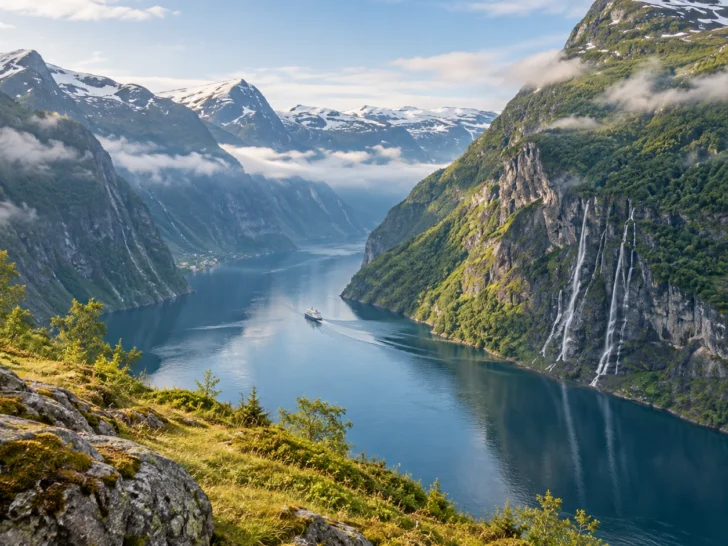 Deep blue Geirangerfjord winding between steep green mountains