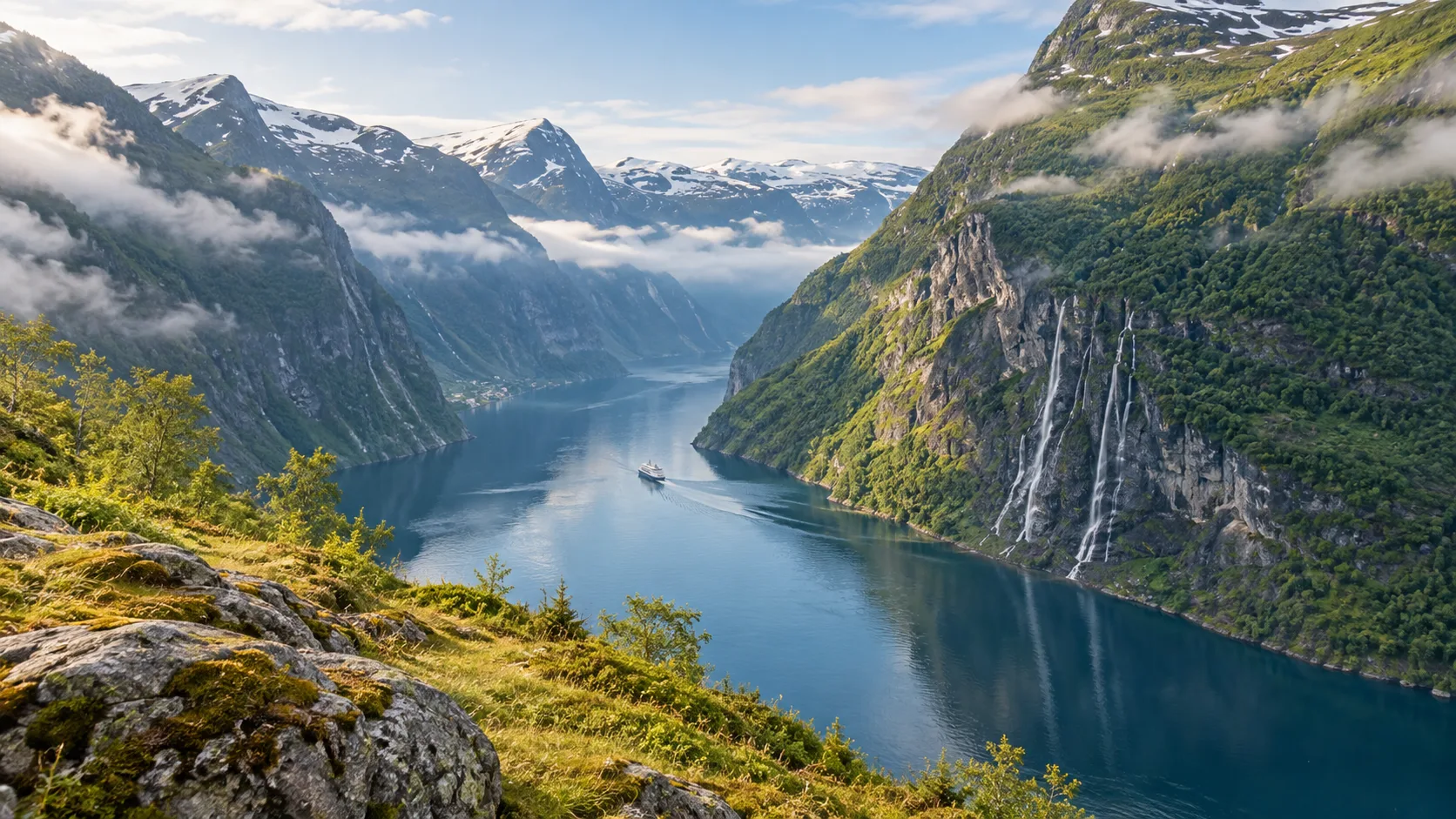 Deep blue Geirangerfjord winding between steep green mountains