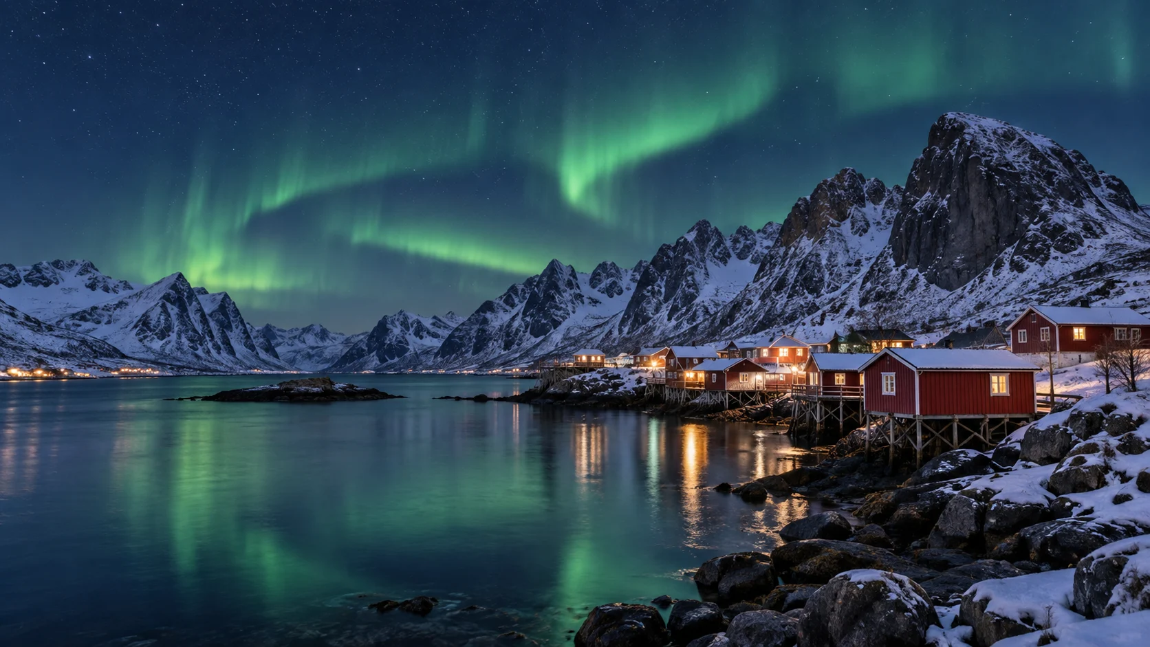Northern lights above red fishing cabins and snowy Lofoten mountains