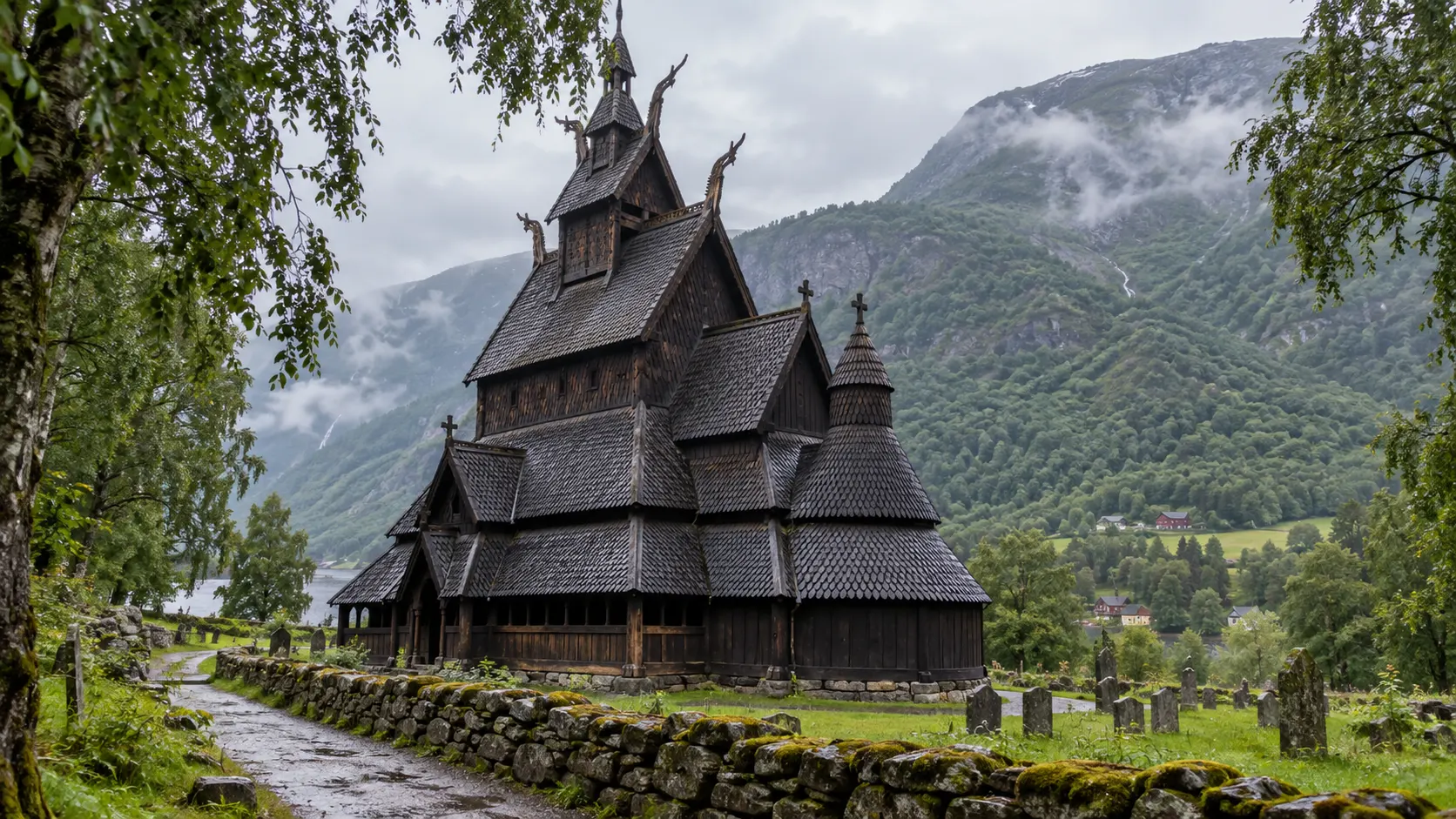 Dark timber Norwegian stave church in a misty mountain valley