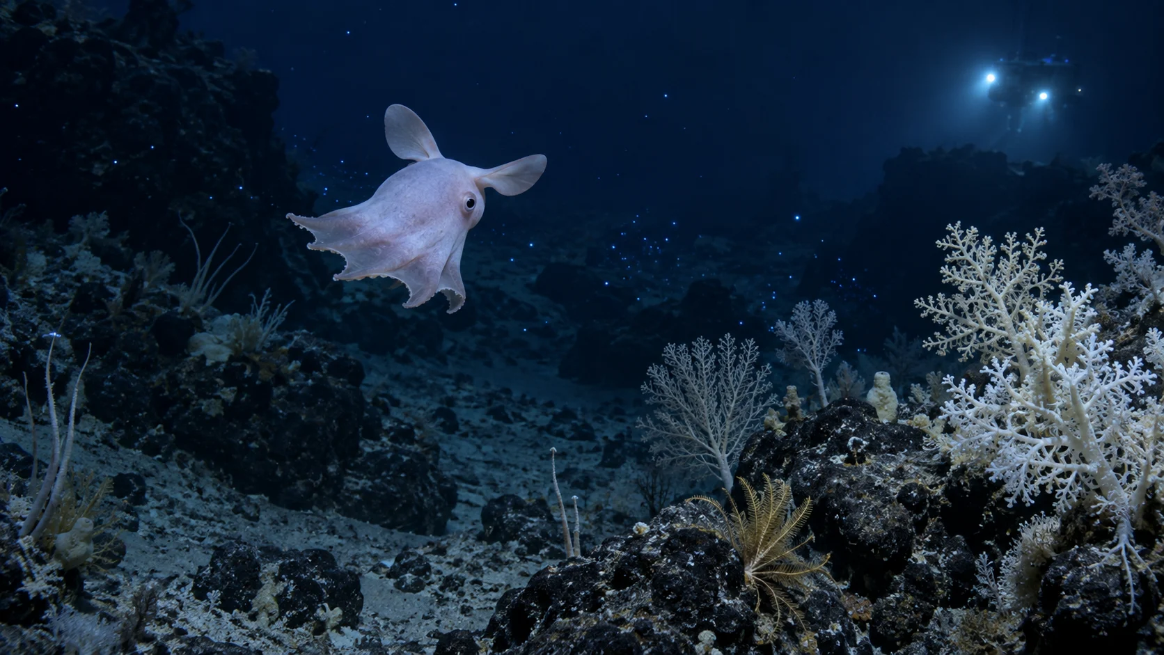 Pale dumbo octopus gliding above cold-water corals in the deep sea