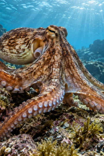 Common octopus on a reef showing mantle, siphon, eyes, arms, and suckers