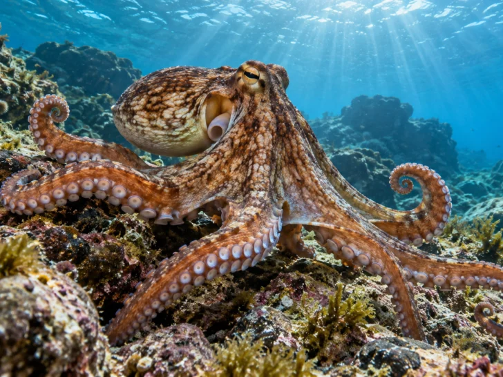 Common octopus on a reef showing mantle, siphon, eyes, arms, and suckers