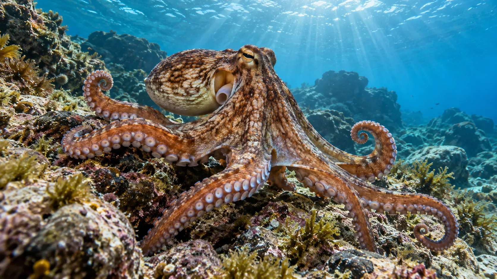Common octopus on a reef showing mantle, siphon, eyes, arms, and suckers
