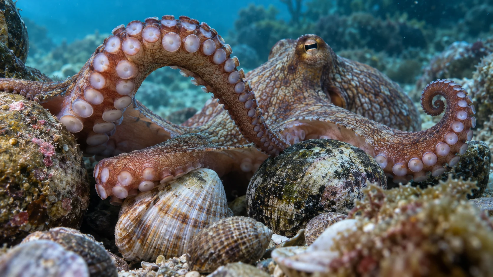 Octopus arms exploring shells and stones with paired suckers visible