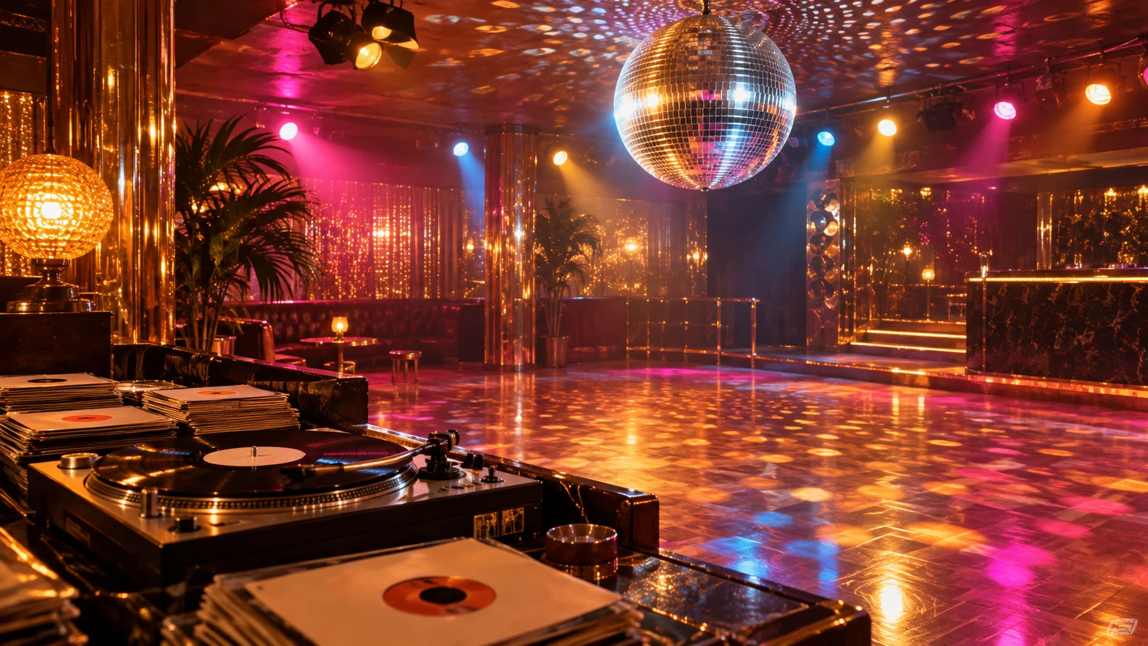 1970s dance floor with disco ball, turntable, and vinyl singles