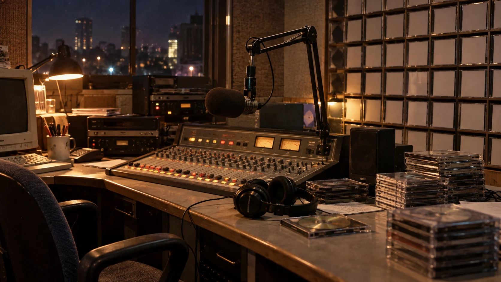 1990s radio booth with microphone, mixing console, headphones, and compact discs