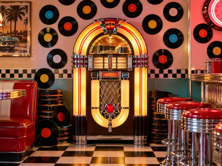 Retro diner jukebox with colorful 45 rpm records and chrome stools