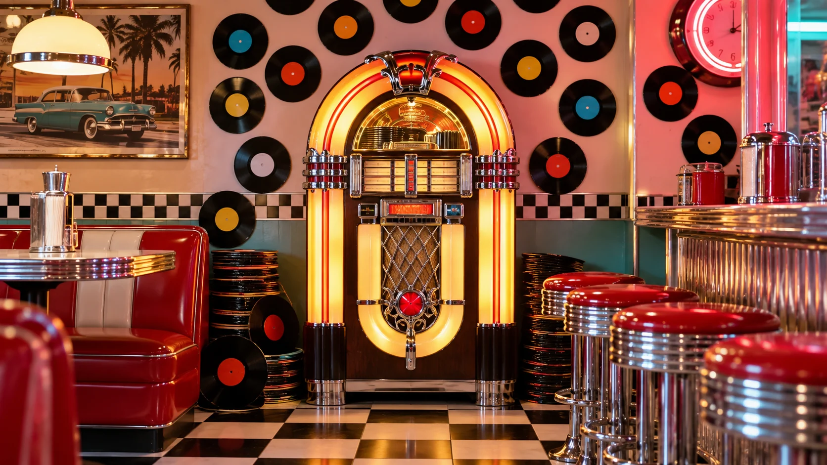 Retro diner jukebox with colorful 45 rpm records and chrome stools