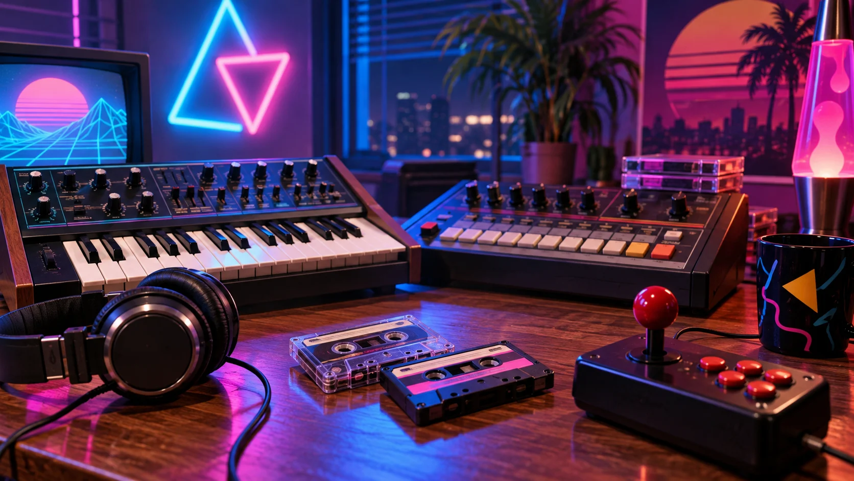 1980s music studio with synthesizer, drum machine, cassettes, and neon lights