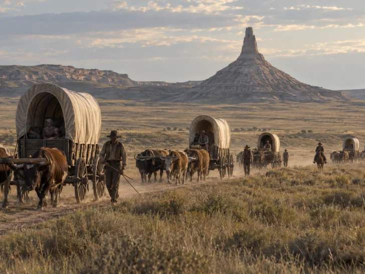 An ox-drawn wagon train passing Chimney Rock on the Oregon Trail