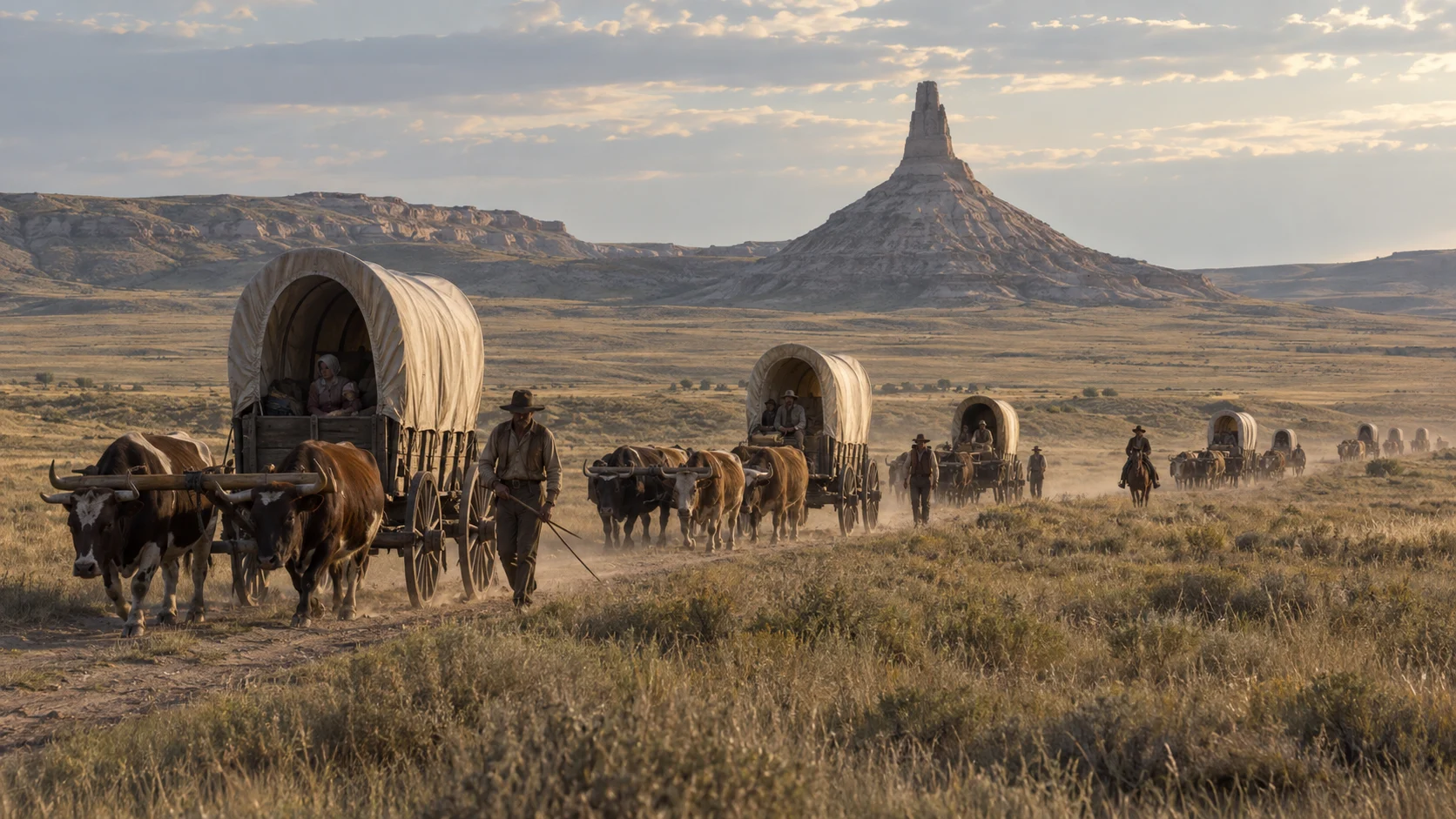 An ox-drawn wagon train passing Chimney Rock on the Oregon Trail