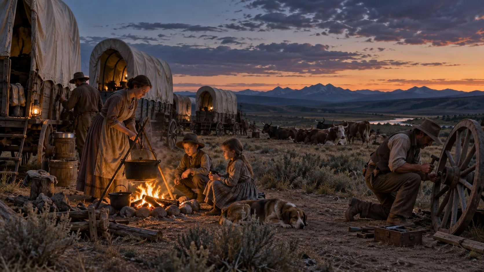 An Oregon Trail family cooking while a traveler repairs a wagon wheel
