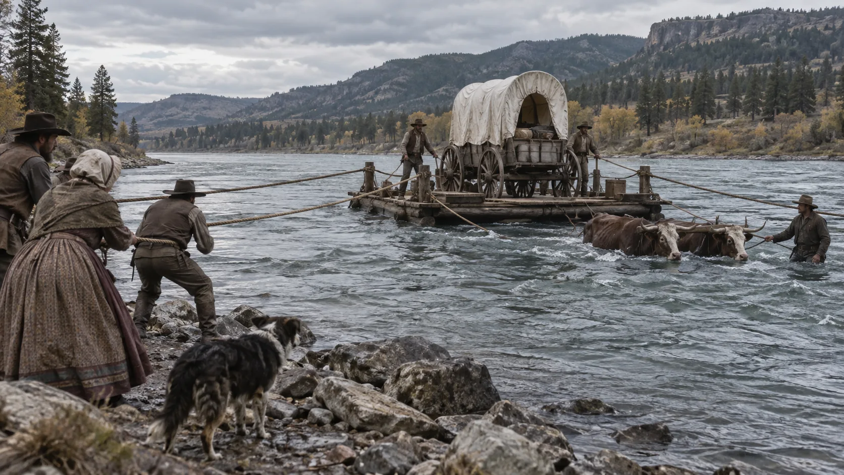 Travelers guiding a covered wagon and oxen across a fast-moving river