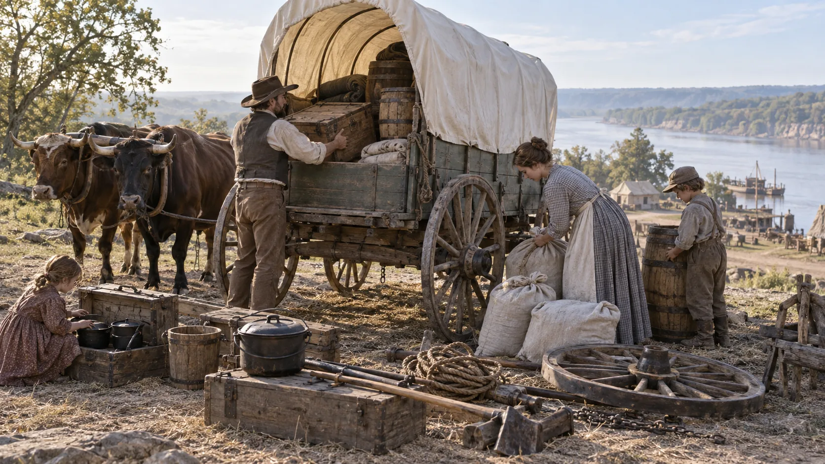 A family packing food tools and supplies into an Oregon Trail wagon