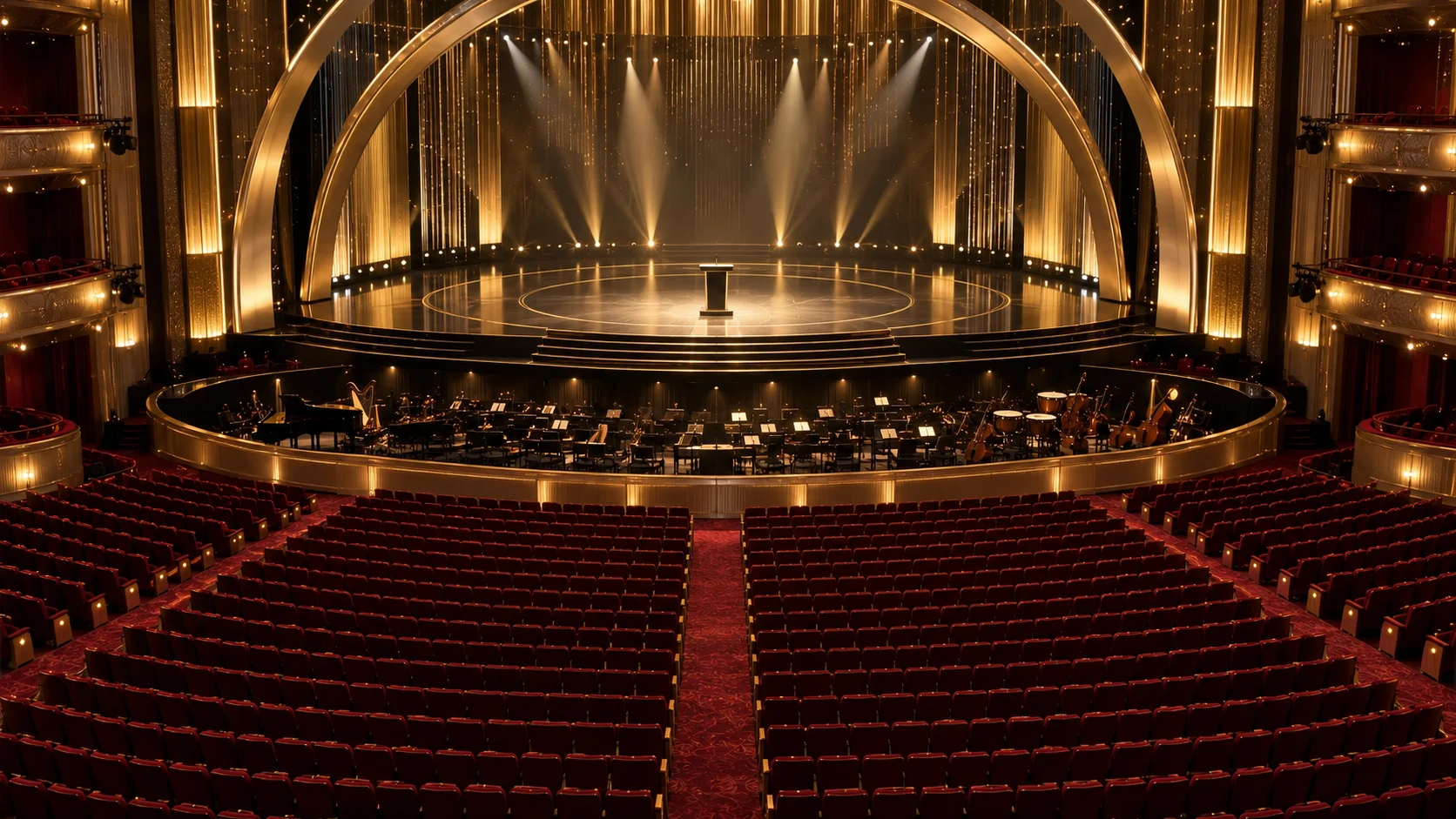 Grand awards stage with blank podium, golden light arcs, and red theater seats