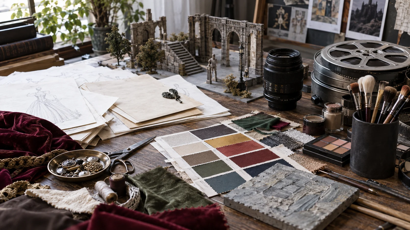 Filmmaking worktable with color swatches, miniature sets, camera lens, and makeup brushes