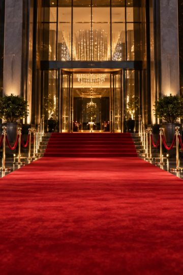 Elegant film awards entrance with red carpet, velvet ropes, and golden lights