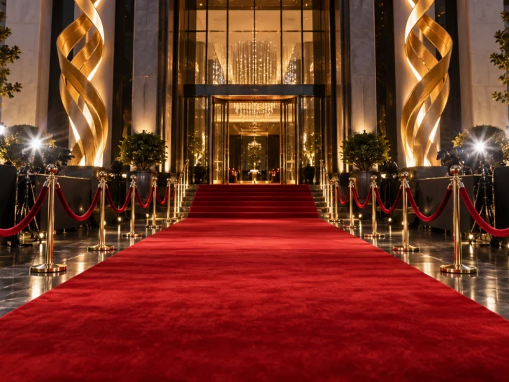 Elegant film awards entrance with red carpet, velvet ropes, and golden lights