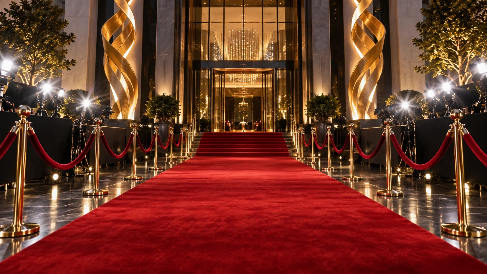 Elegant film awards entrance with red carpet, velvet ropes, and golden lights