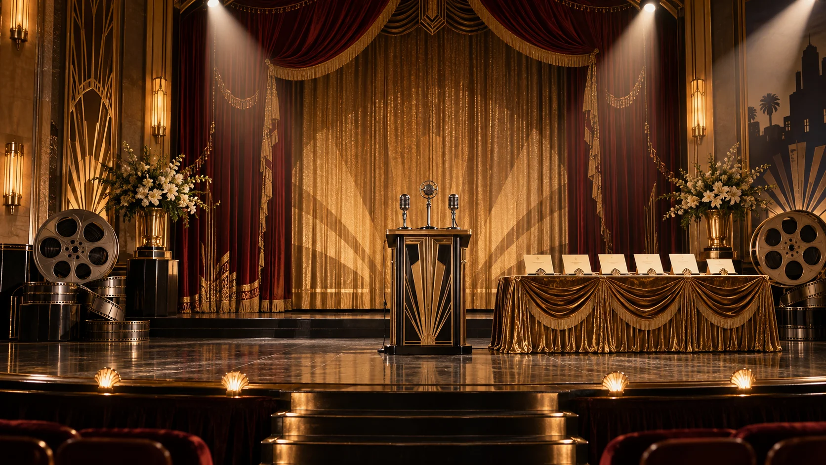 1940s movie palace stage with art deco curtains, microphones, and film reels