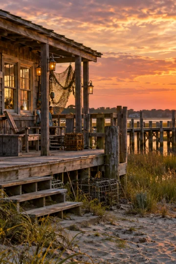 Weathered barrier-island clubhouse with surfboards and marsh water at sunset