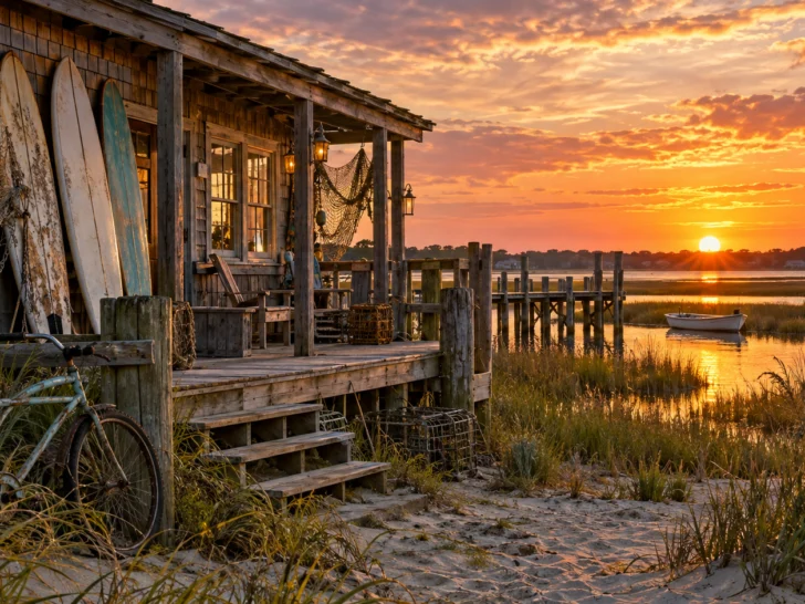 Weathered barrier-island clubhouse with surfboards and marsh water at sunset
