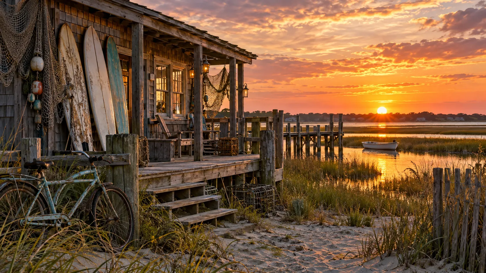 Weathered barrier-island clubhouse with surfboards and marsh water at sunset