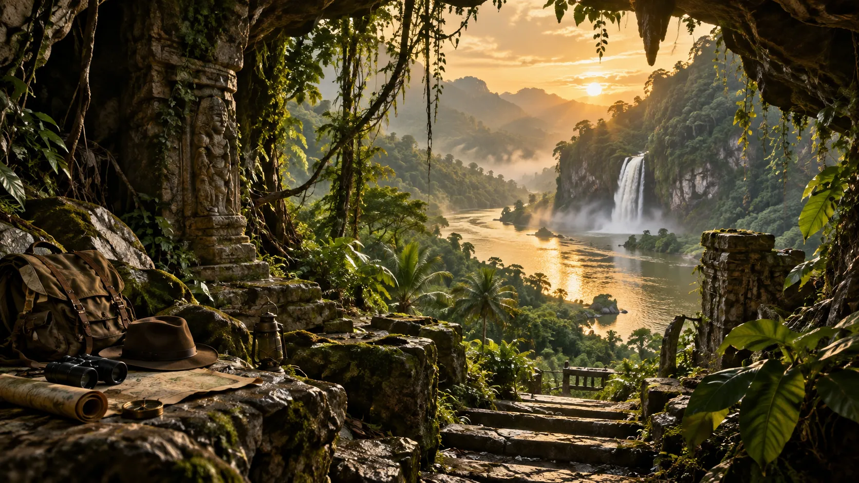 Jungle cave with stone steps overlooking a golden tropical river