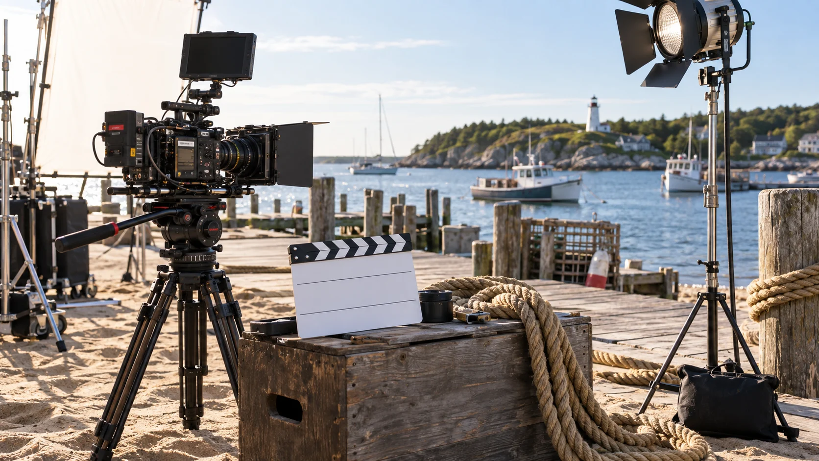 Coastal television production setup with camera and blank slate on a dock