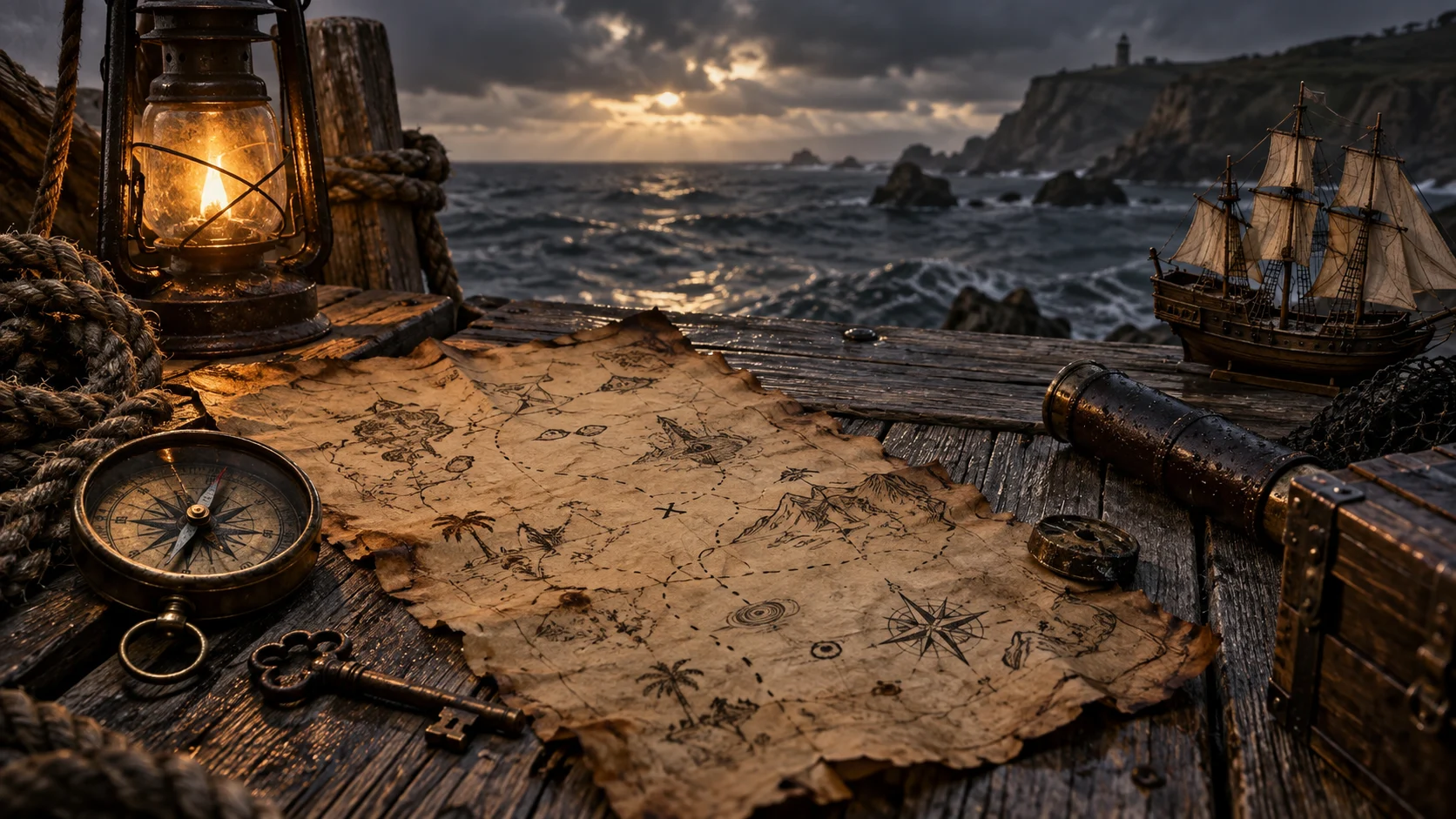 Treasure map, compass, key, and ship model on a coastal dock