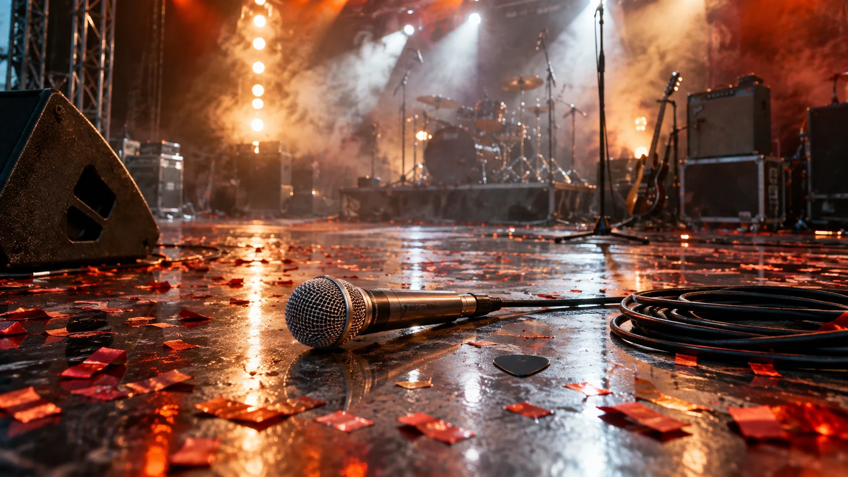 A microphone rests among red confetti after a rock concert