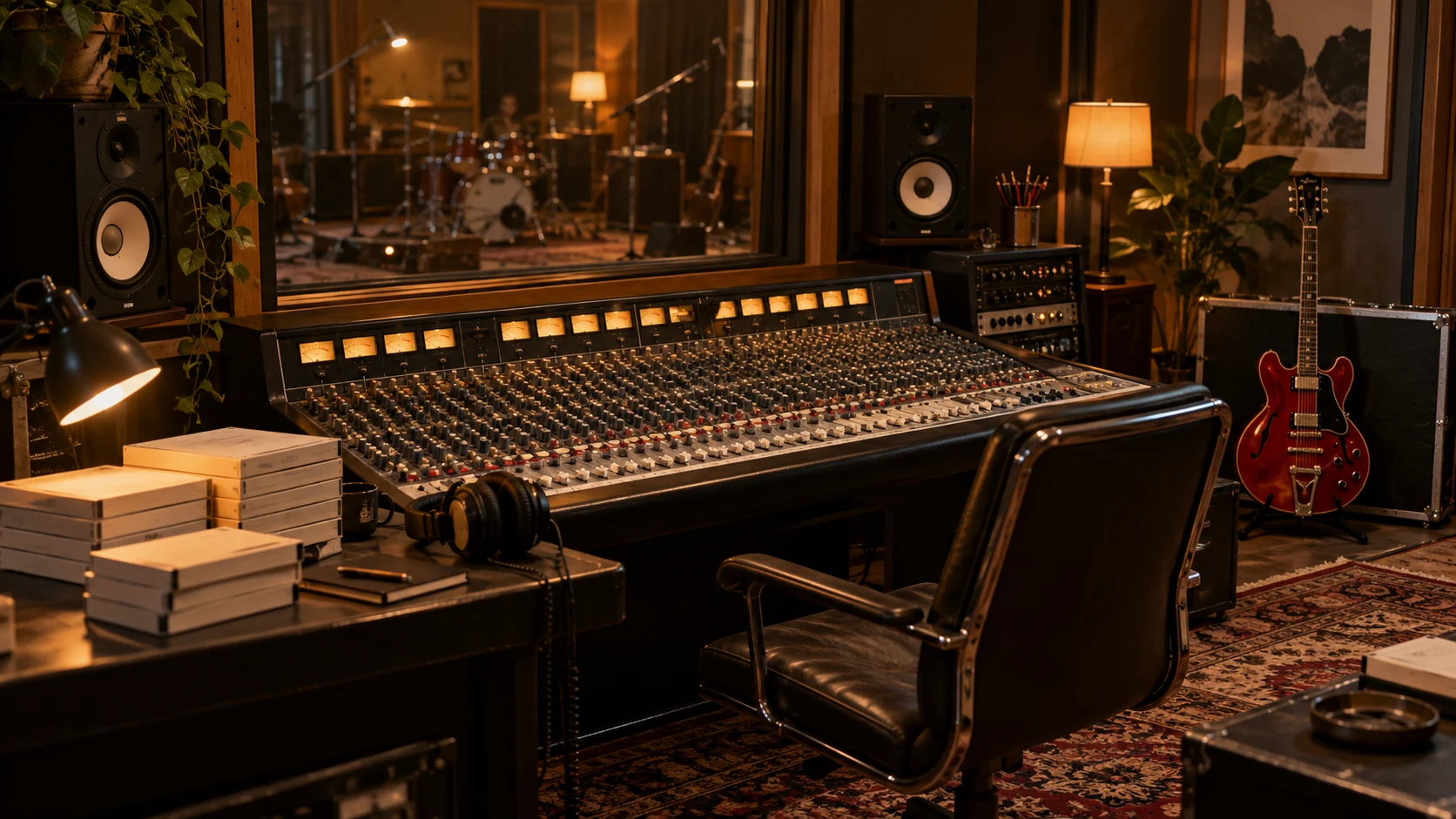 An analog recording studio glows in warm amber light