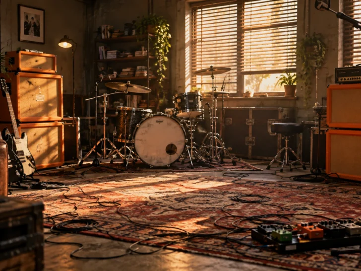 Guitars, drums, and orange amplifiers fill a sunlit rehearsal room