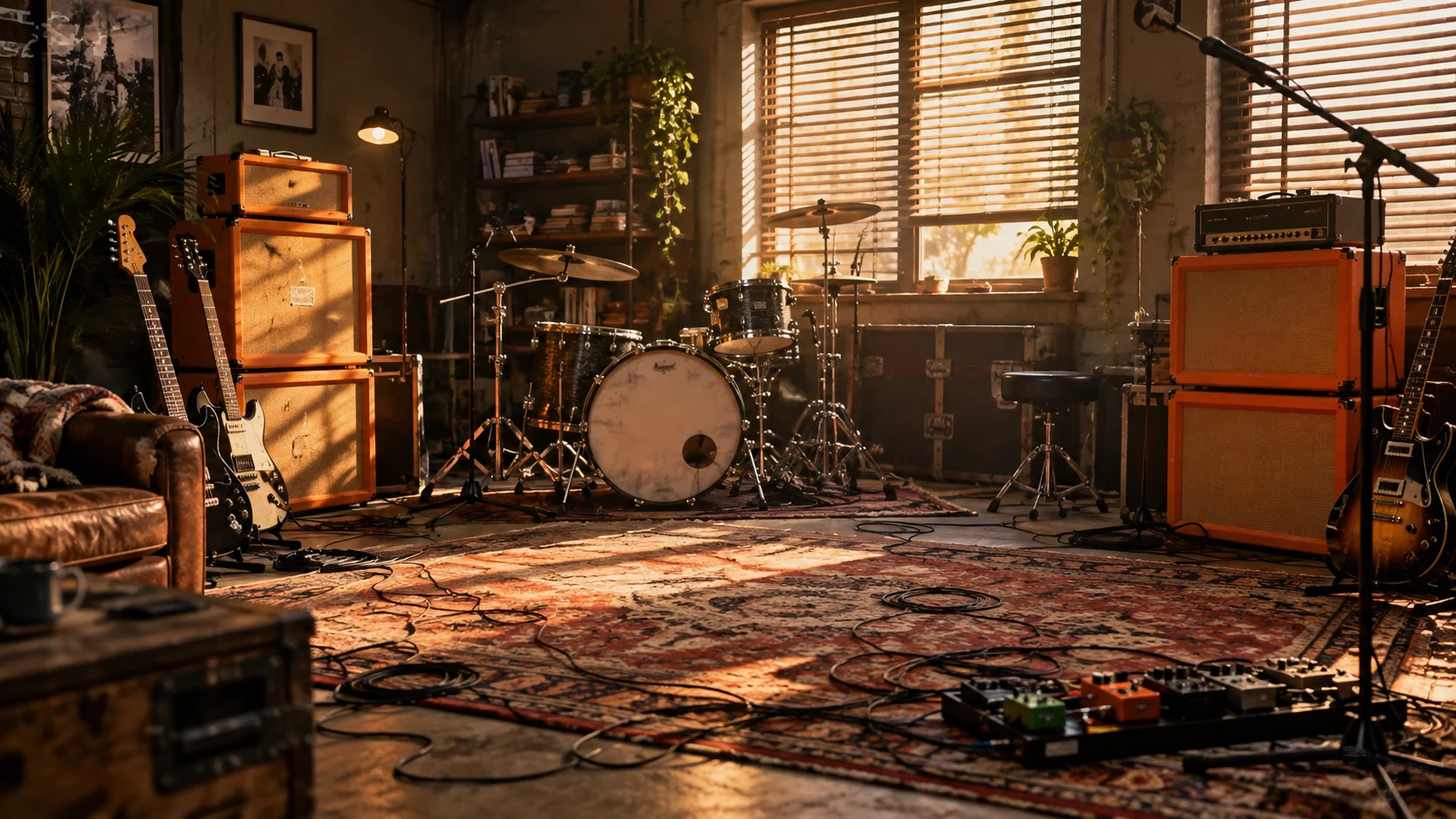 Guitars, drums, and orange amplifiers fill a sunlit rehearsal room