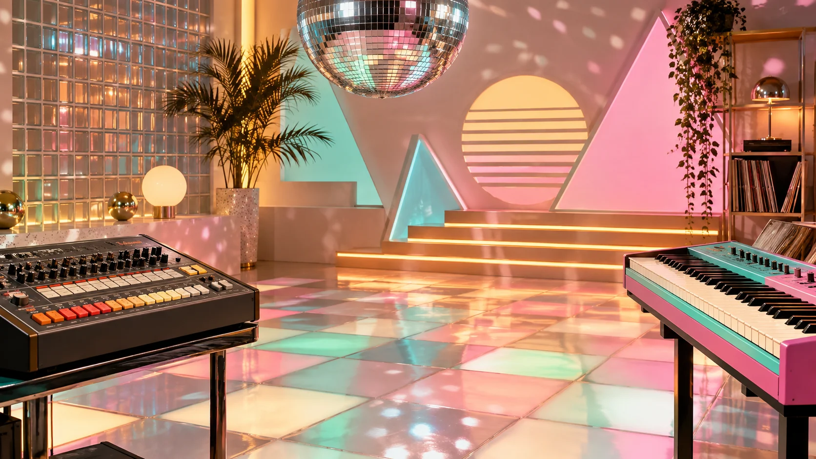 A pastel dance-floor set features a keyboard and vintage drum machine