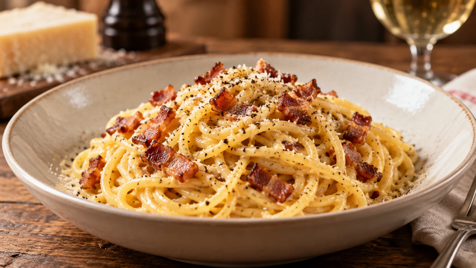 Spaghetti carbonara gleams with egg cheese pepper and crisp guanciale