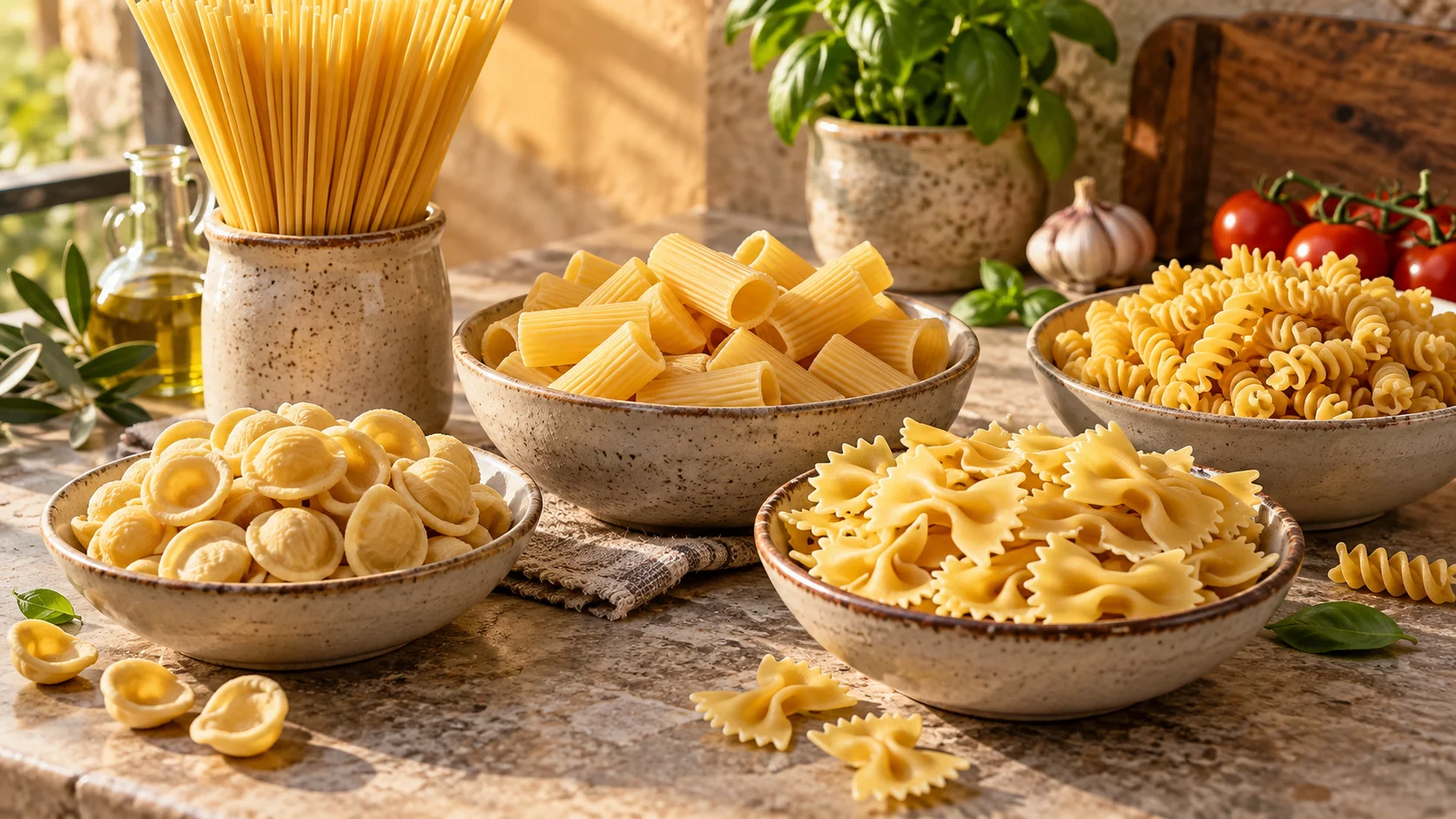 Spaghetti rigatoni orecchiette farfalle and fusilli show pasta's many shapes
