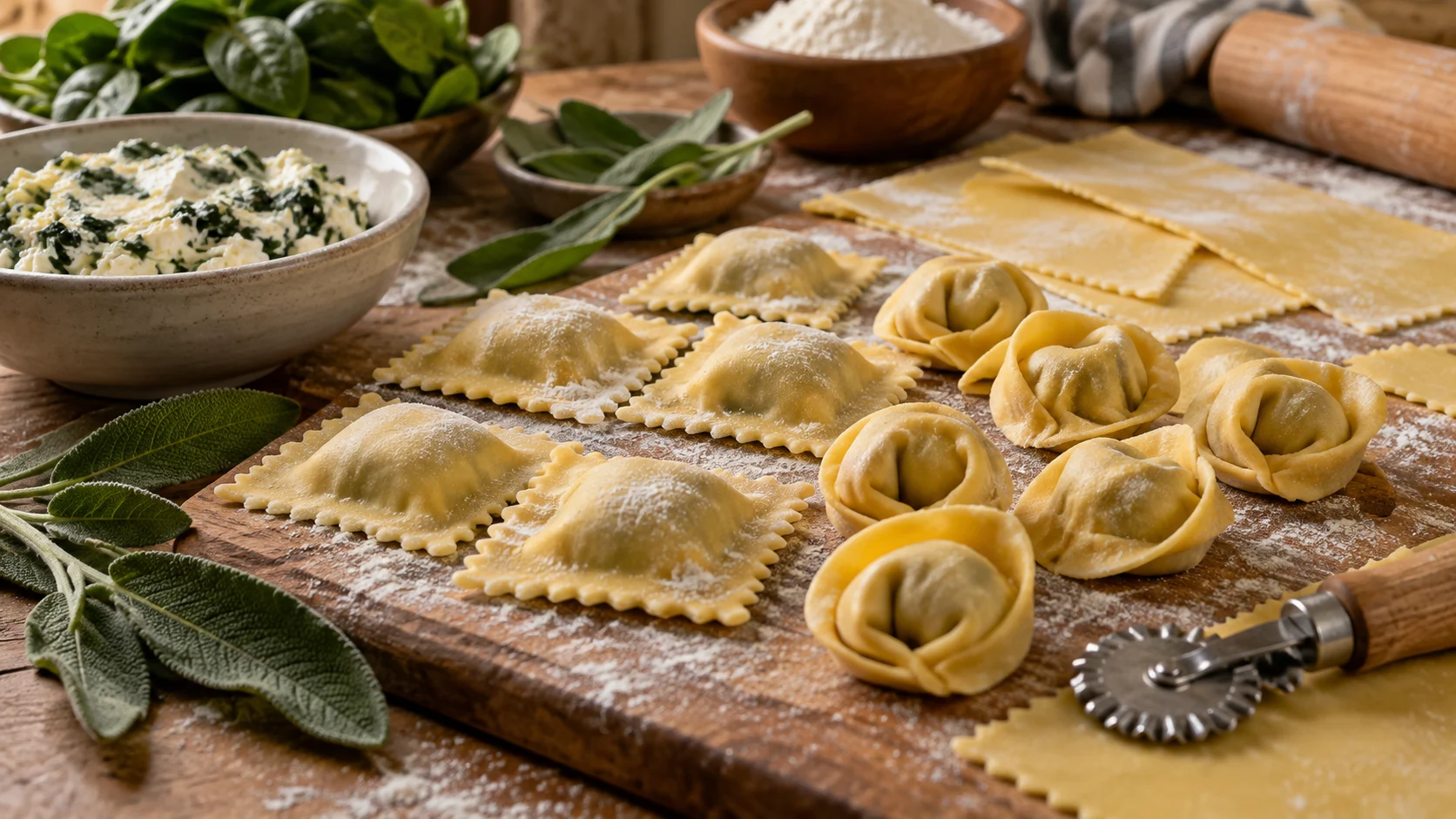 Fresh ravioli and tortellini rest beside pasta sheets and sage
