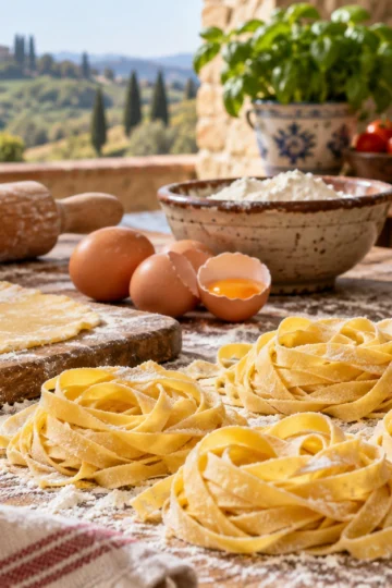 Fresh tagliatelle nests surround pasta dough eggs and a hand-crank machine