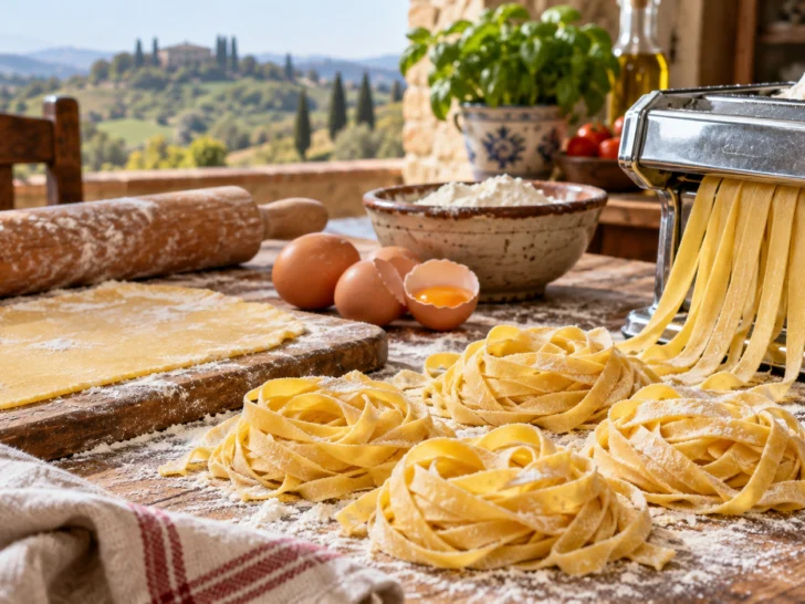 Fresh tagliatelle nests surround pasta dough eggs and a hand-crank machine