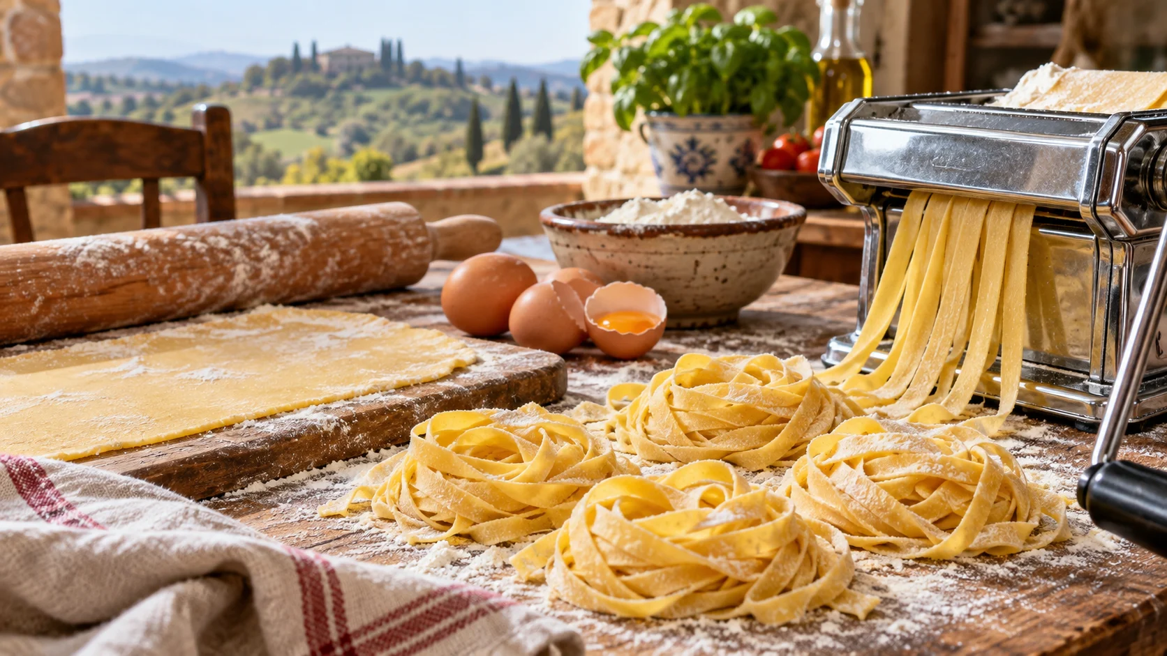 Fresh tagliatelle nests surround pasta dough eggs and a hand-crank machine