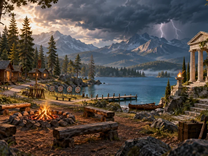 Rustic lakeside summer camp with cabins archery field and Greek pavilion