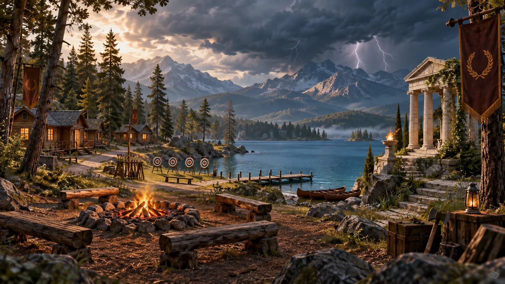 Rustic lakeside summer camp with cabins archery field and Greek pavilion