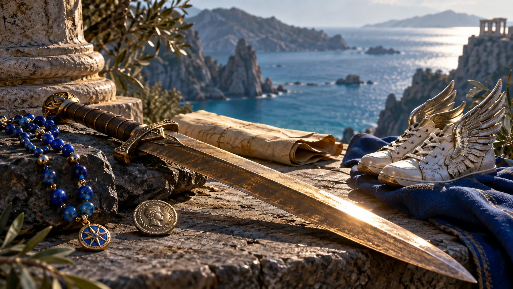 Bronze sword blue bead necklace winged shoes coin and folded map