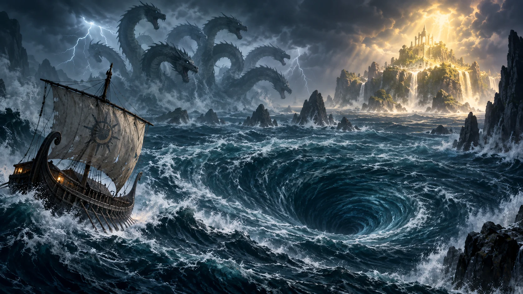 Ancient ship facing a whirlpool and sea-serpent silhouette in a storm